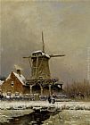 Louis Apol Figures by a windmill in a snow covered landscape painting